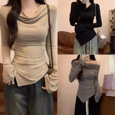Slim Fit Long Sleeve T-shirt Irregular T Shirts Women Y2k Slanted Shoulder Pullover  Streetwear