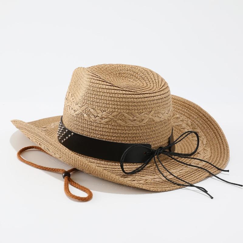 Cow Head Belt Straw Hat Women's Spring and Summer Outdoor Travel Sichuan-Tibet Sun Hat Big Eaves Western Cowboy Hat Jazz Hat Men