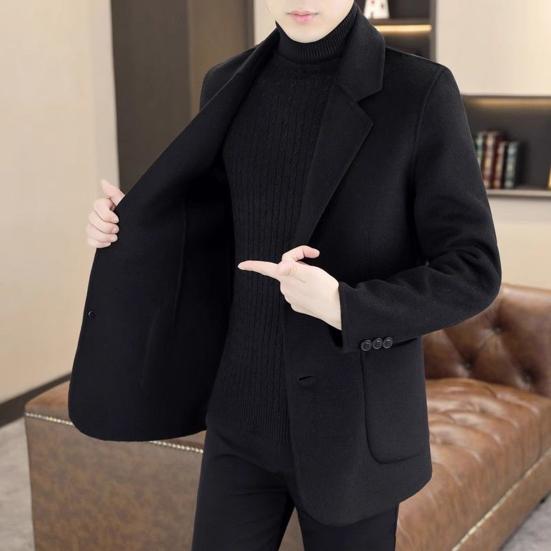 Men Woolen Coat Lapel Long Sleeve Single Breasted Jacket Coat with Pockets Solid Color Loose Fit Casual Outerwear Cold Weather Wear