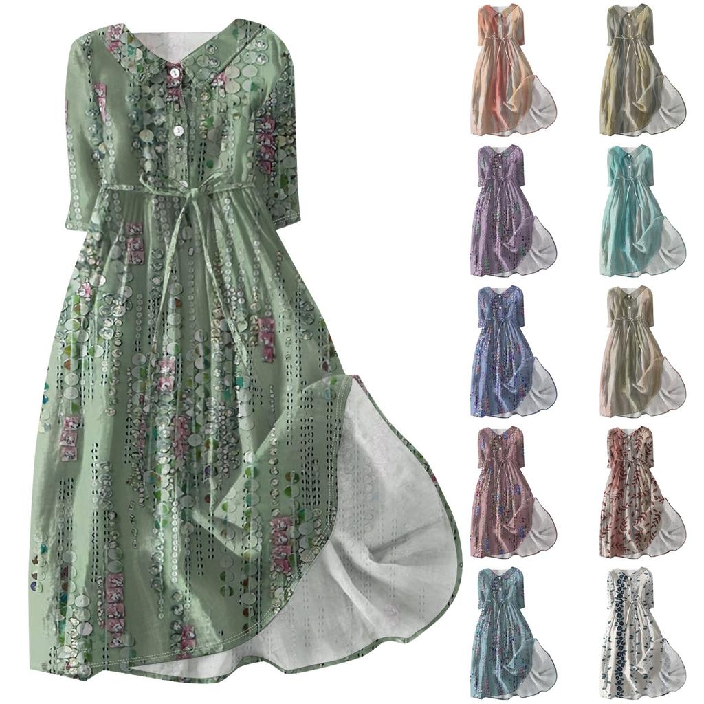 Damesmode Casual Print Revers Kraag Knoop 3/4 Mouw Kleding Bandjes Jurk
