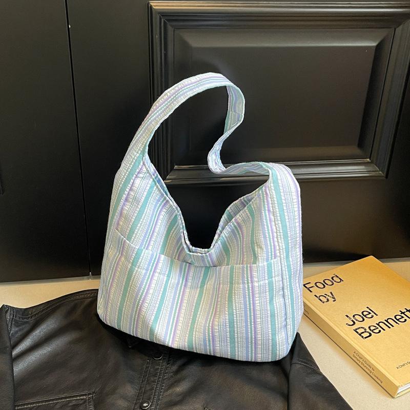 Ins Dopamine Striped Canvas Shoulder Bag Women Large Capacity Underarm Bag Summer Cute Student Class Handbag
