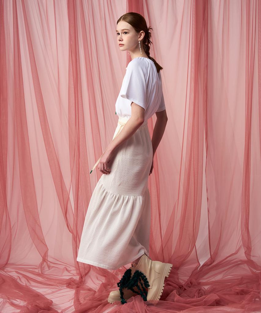 Pelimela Seersucker Flare Long Skirt (White)