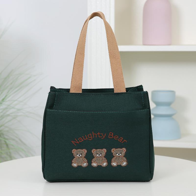 Cute Small Bear Printed Canvas Versatile Handbag Commuter Office Worker Lunch Bento Tote Bag