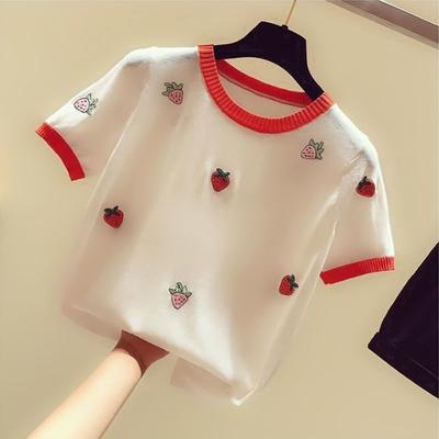 Girls' Pure Cotton Short Sleeved Summer Strawberry Embroidered Top Loose Medium and Large Children's T-shirt