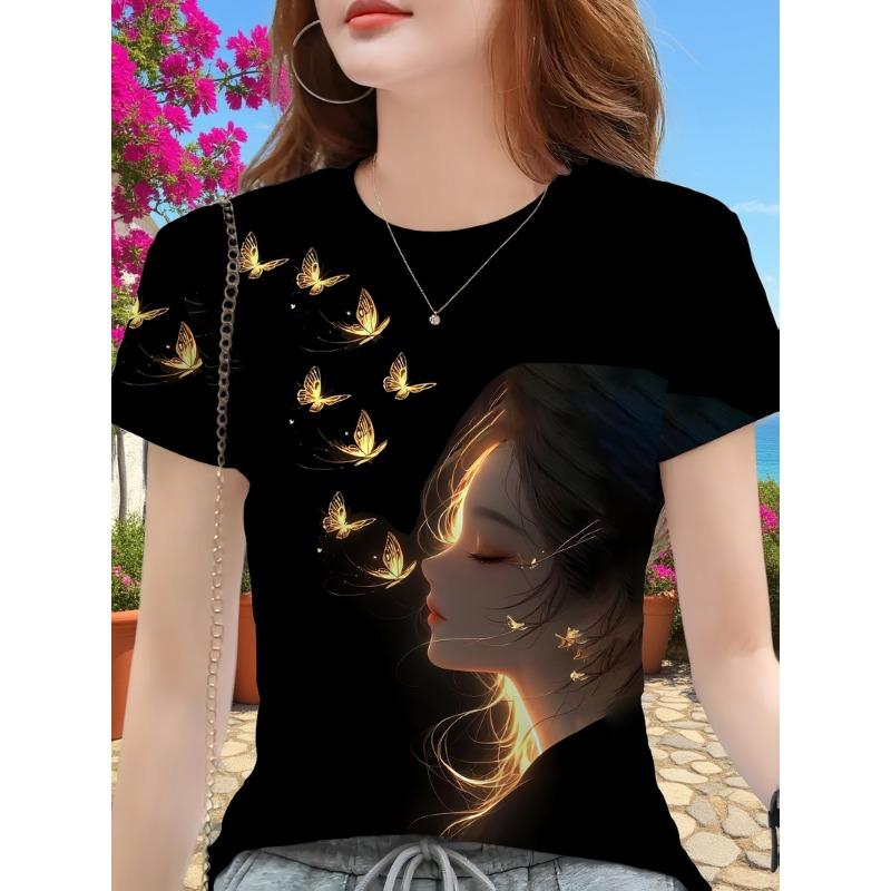 

A fashionable women s T-shirt with a 3D printed butterfly design, perfect for casual wear. S