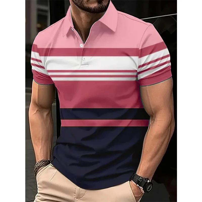 Men's Clothing Striped Polo T-shirt, Summer Short Sleeved 3D Printed