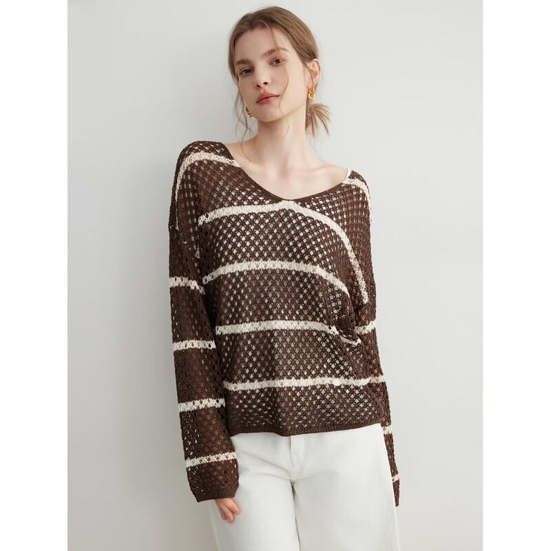 ELLE Women s Striped V-Neck Hollow Knit Sweater M