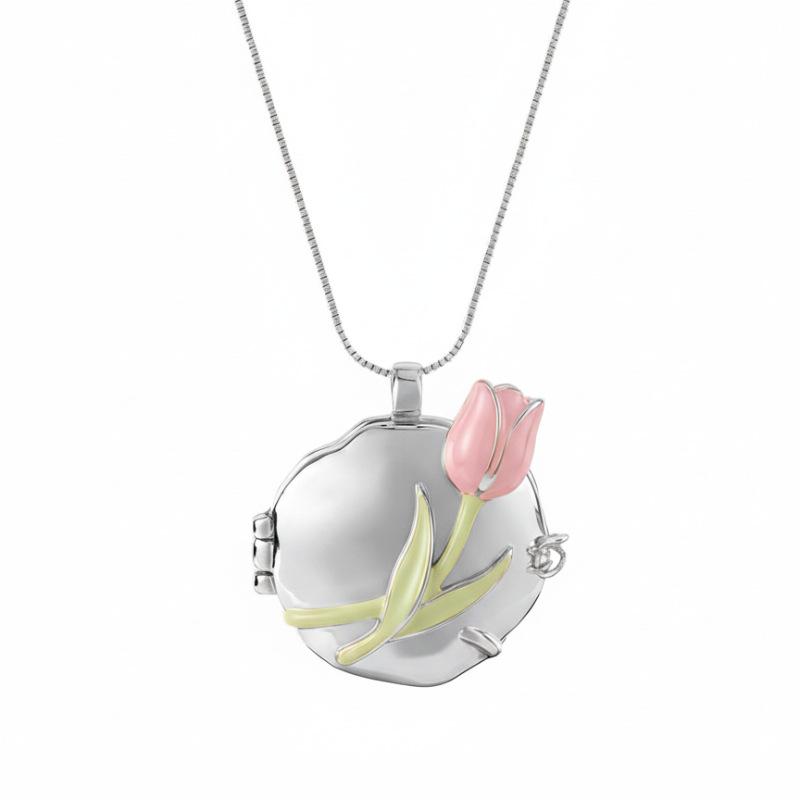 

Golden Tulip Open And Close Photo Box Pendant Necklace Niche Design Sense Advanced Style Personalized Accessory Necklace
