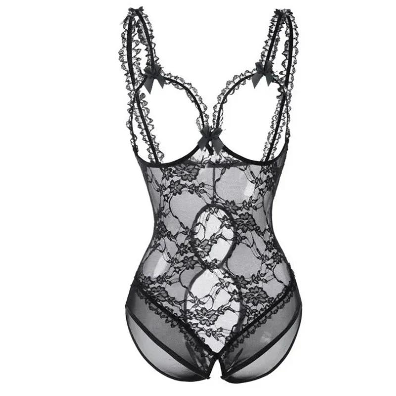 Deep V See Through Halter Dress Sexy Lingerie Women Erotic Backless Pajamas Lace Babydoll Sensual Crotchless Underwear