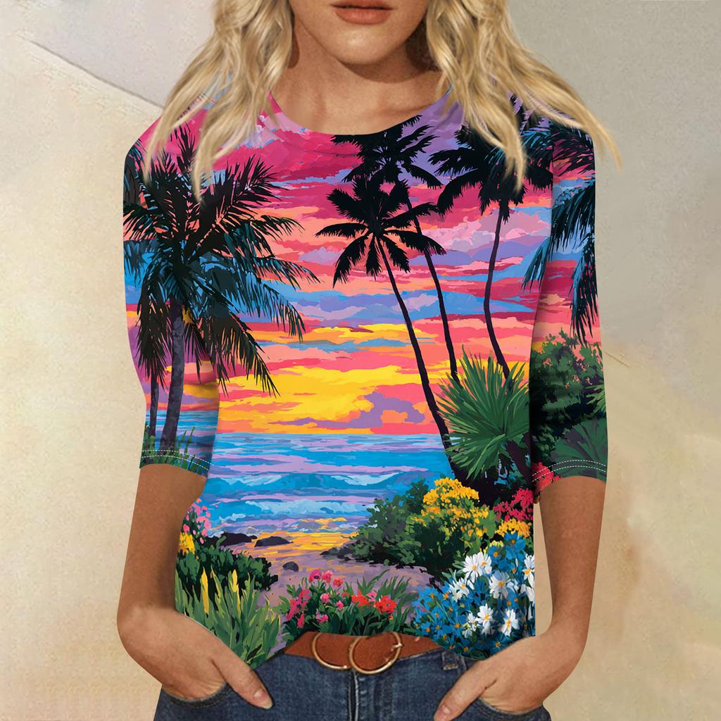 Women's Fashionable Casual Round Neck Three-quarter Sleeve Hawaiian Print T-shirt Top