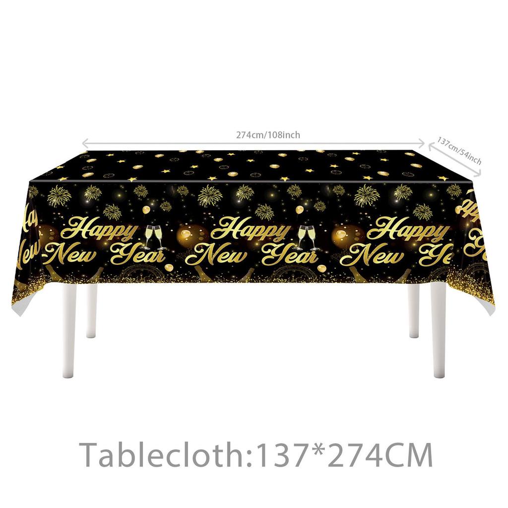 New Year 2026 Black and Gold Party Set: Paper Plates, Napkins, Pull Flag, Tablecloth