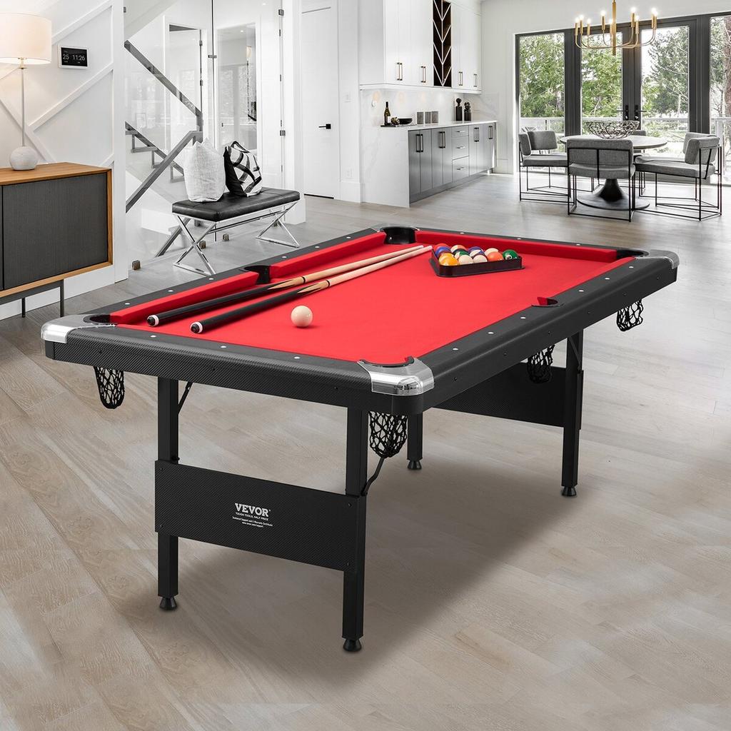 Billiards Table, 6.3 ft Pool Table, Portable Foldable Space-Saving Table, Billiard Table Set Includes Balls, Cues, Chalks and Brush, Black with Red