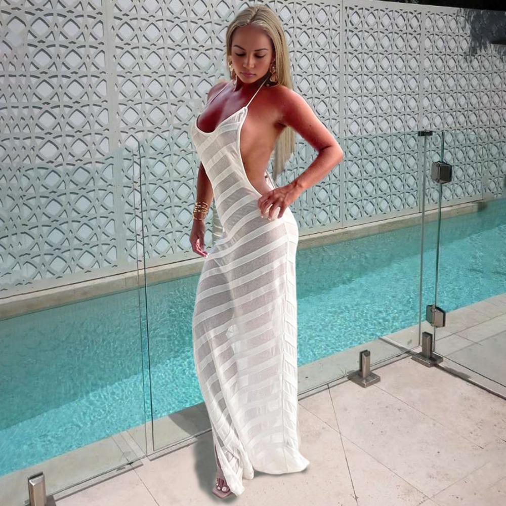 Women's New Spice Girls Sexy Side Split Large Backless Slimming See-Through Dresses