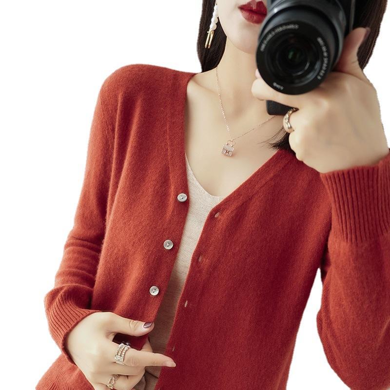 Women's Spring and Autumn V-neck Solid Color Knit Sweater Long-sleeved Short Section Cardigan Thin Slim Sweater