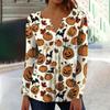 Women's Spring Autumn Pleated Button Down Collar Halloween Print Long Sleeve Top