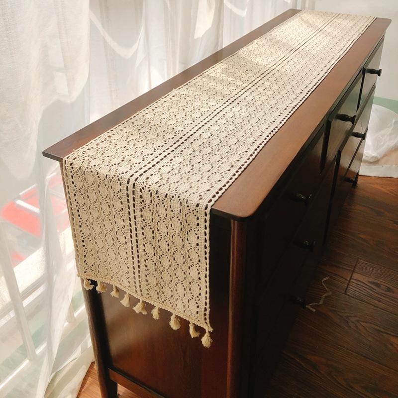 French Lace Rectangular Polyester Linen Woven Table Runner - Decorative Table Cover with Hollow Crochet Design for Coffee Table, TV Stand, Long Table