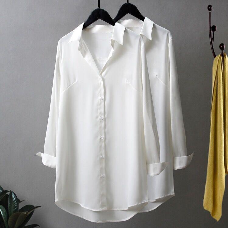 Chiffon Shirt Women's Long Sleeved Korean Style Oversized Design Loose Base Shirt Mid-length Shirt