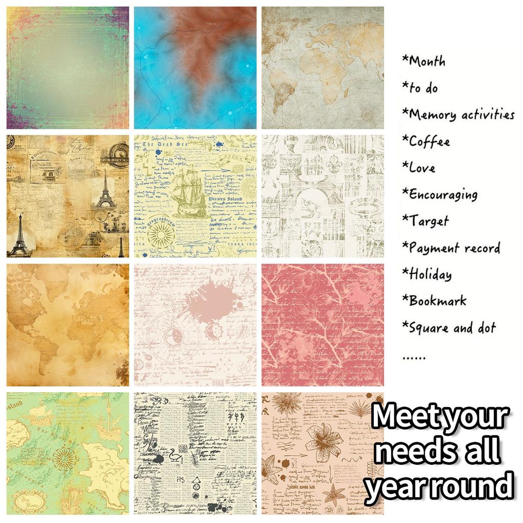 12 Pieces Of Retro Style Material Paper, Manuscripts Of The Years Ins Text Hand Account Collage Decorative Backing Paper
