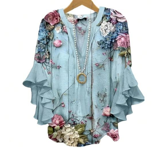 Women Shirt V-Neck 3/4 Ruffle Sleeves Floral Print Anti-Wrinkle Bohemian Blouse Loose Fit Ultra Lightweight Beach Shirt