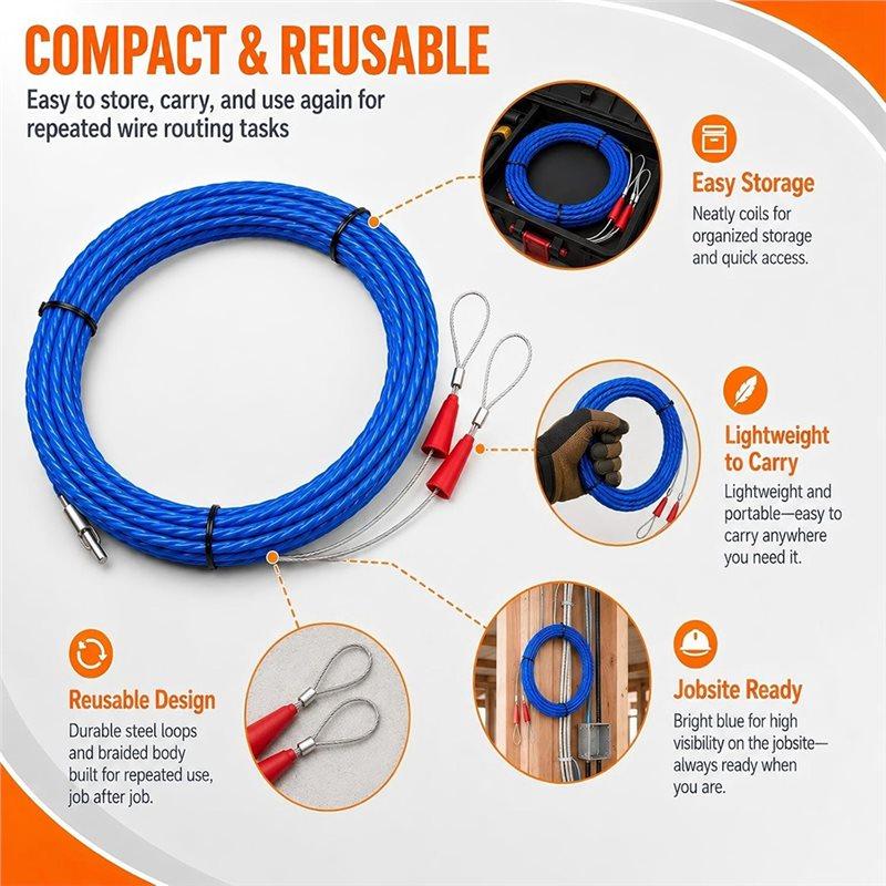 ABKP-Fish Tape Cable Puller Kit Flexible Wire Puller Duct Rodder With Swivel Head Wall Conduit Ceiling Electrical Wiring Work