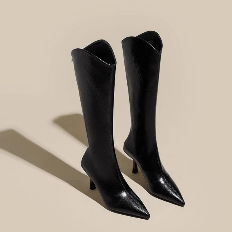 

Винтажные женские ботфорты на высоком каблуке с острым носком, модные туфли с задней молнией, осенне-зимние женские облегающие ботильоны до колена в стиле рыцаря 39