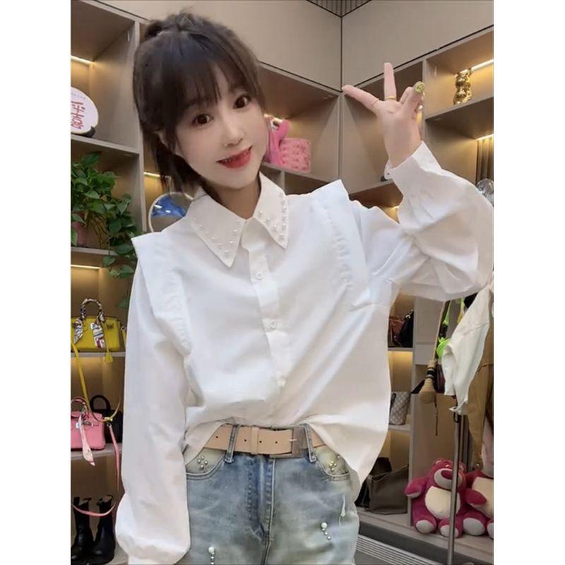 

Европейские товары Ранняя весна Новый модный дизайн Жемчужный воротник Белые рубашки Женские Элегантные Высококачественные Свободные Слим-топ White L