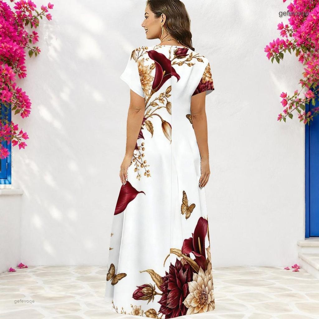 Women Plus Size V Neck Short Sleeve Floral Butterfly Print White Straight Long Dress