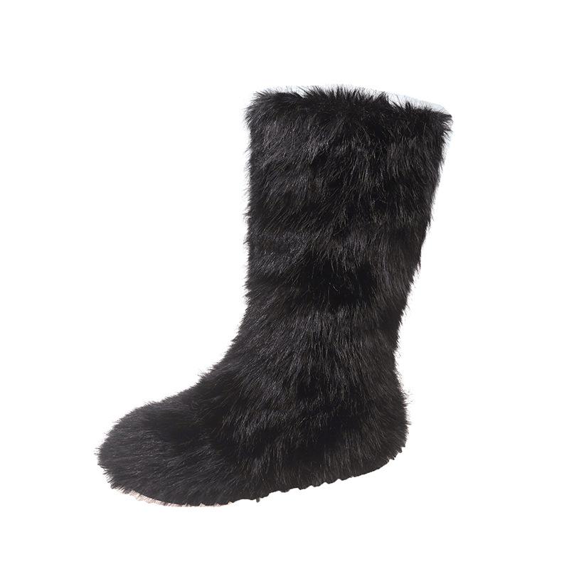 Winter New Women's Faux Fur Furry Snow High Boots Warm Padded Round Toe Casual Shoes Solid Fluffy Mid-Calf Booties for Women