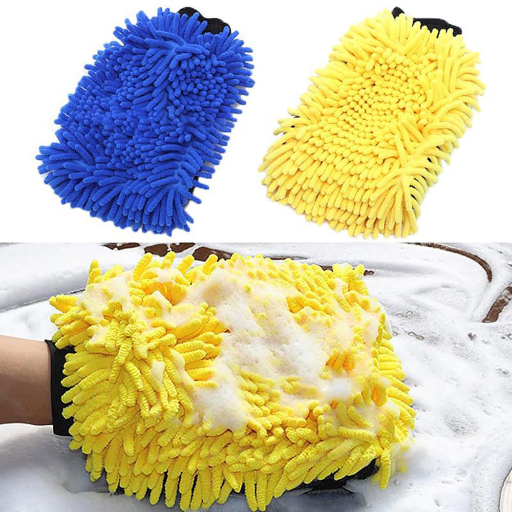 Beiwoer Car Wash Set of Chenille Car Wash Microfiber Car Wash Car Wash Waterproof Protective Gloves for Dry Easy Gloves, 2, Mitt, Gloves, Sponge,