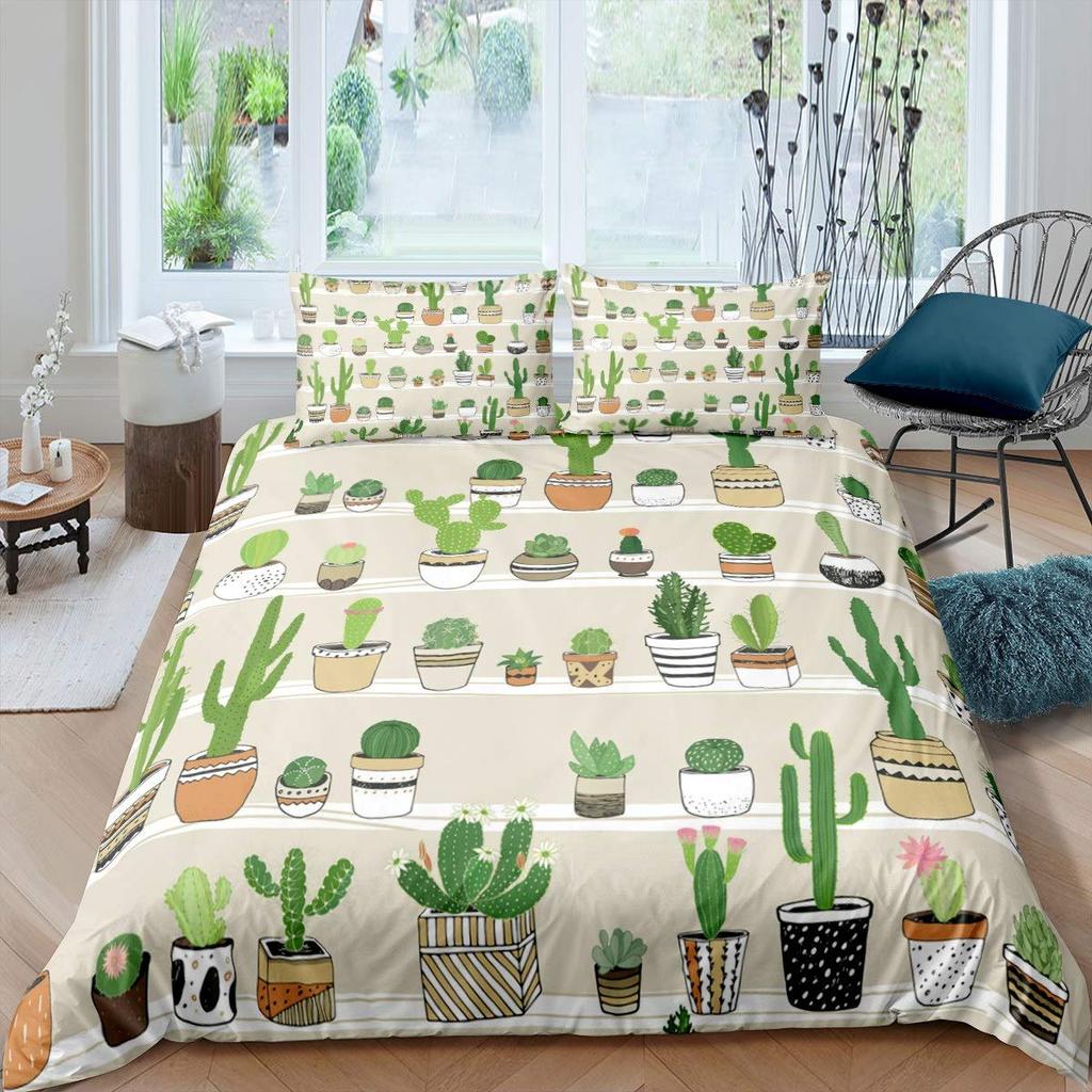 Floral Bedding Set 3pcs Cactus Succulents and Flowers Decor Comforter Cover Plant Soft Polyester Quilt Cover with 2 Pillow Cases