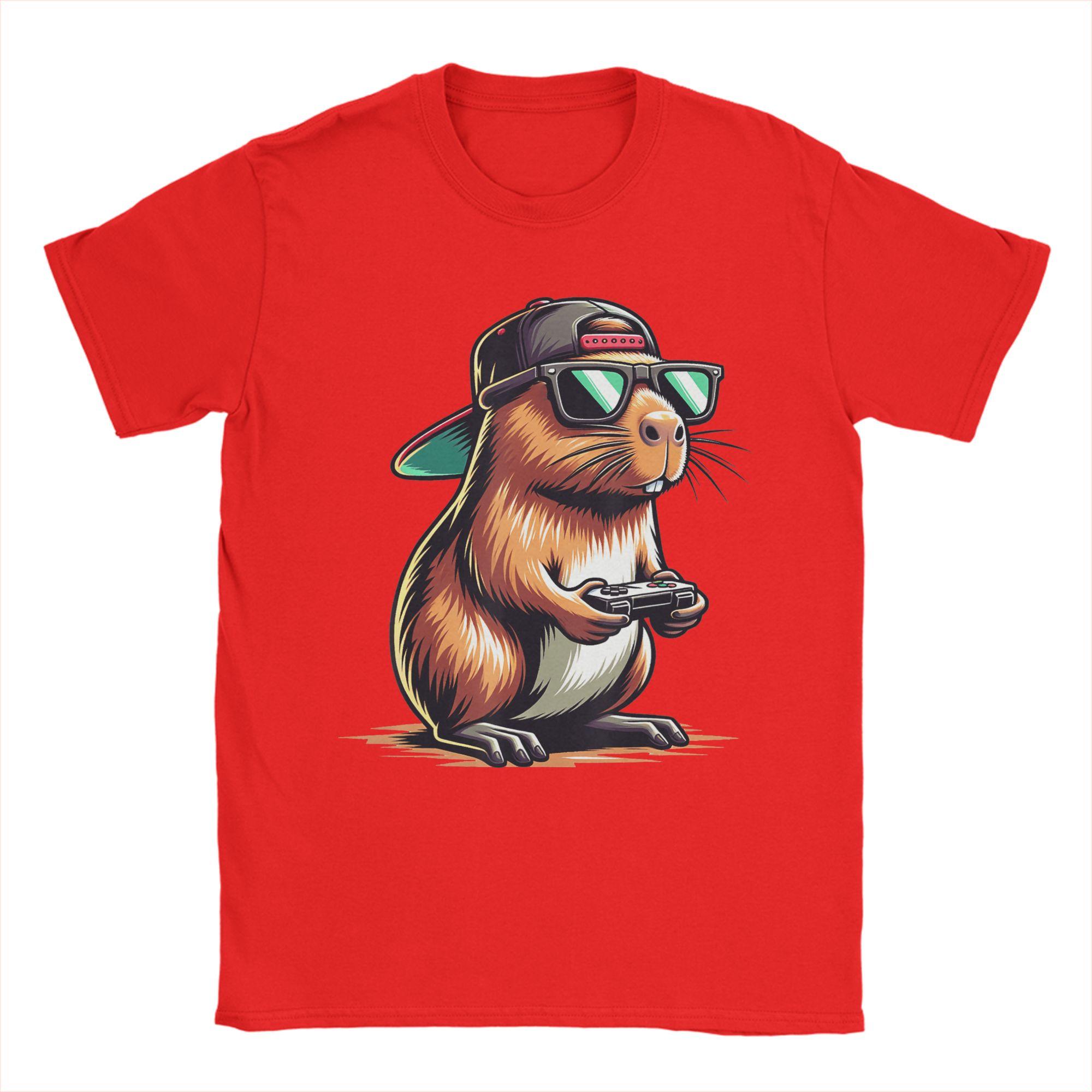 Cool Capybara Playing Video Games Men T Shirts  Vintage Tee Shirt Short Sleeve Crew Neck TShirt  Cotton Summer Clothing S