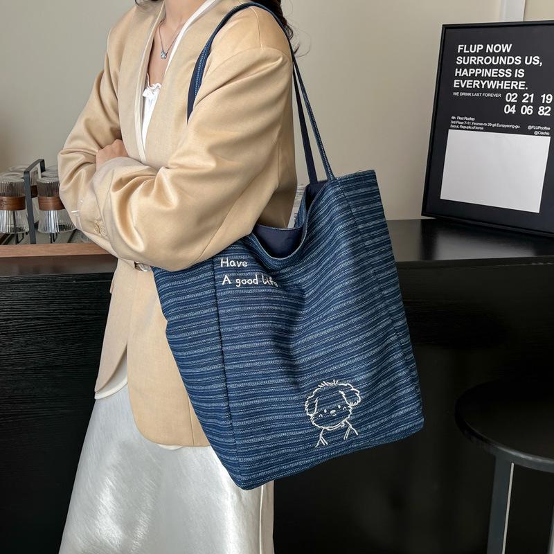 

2025 Double-Sided Embroidered Denim Canvas Tote: Casual, Large-Capacity Shoulder Handbag