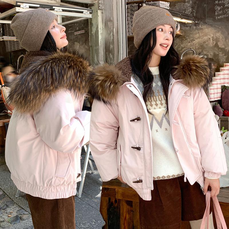 New Horn Buckle Hooded Big Fur Collar Down Cotton Clothes Women's Retro Pie Overcomes Winter Thickened Coat Students