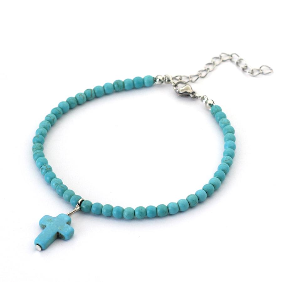 Bohemia Women Anklet Natural Red White Blue Howlite Stone Cross Foot Chain Adjustable Summer Beach Surfing Casual Accessories