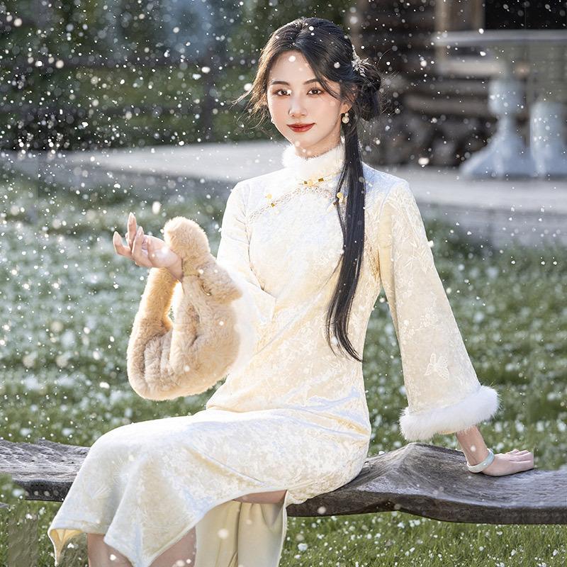 White velvet national style Suzhou long-sleeved improved cheongsam winter thick women's new Chinese style 1011 new retro autumn and winter