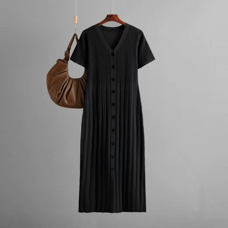 

European and American Knitted V-neck Single-Breasted Dress Knited V-neck Single Brewed Dress Black One size