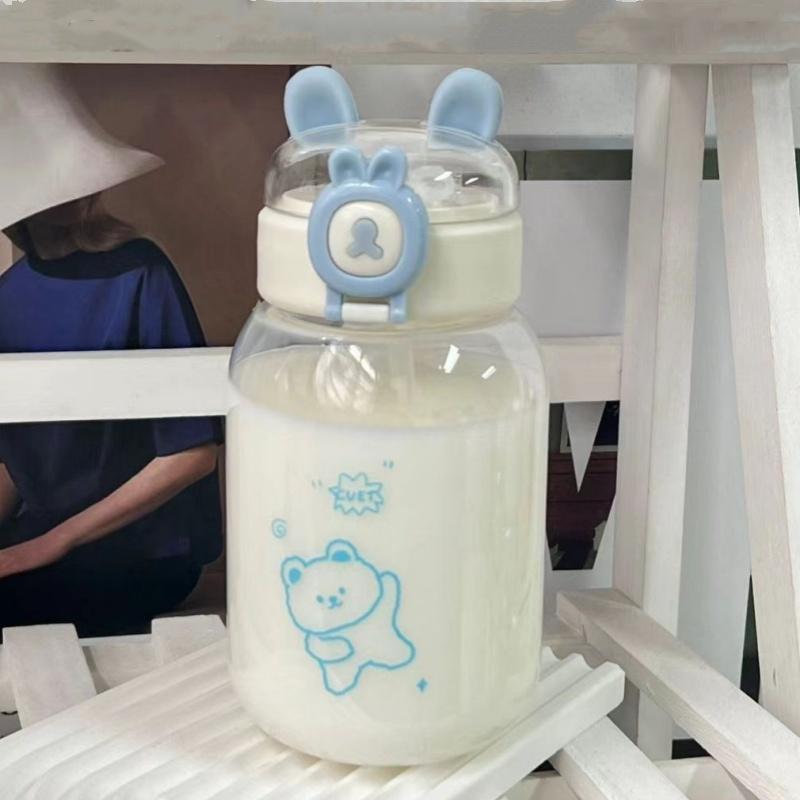 Sticla de apă de iepure Kawaii de 500 ml, drăguț portabil, ceașcă de băut în formă de ureche cu paie și capac Vase de vară pentru camping în aer liber