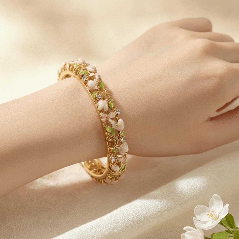 Enamel Chinese Flower Bangle Hollowed Floral Women's Hand Bracelet Vintage Cloisonne Bangle  Ladies