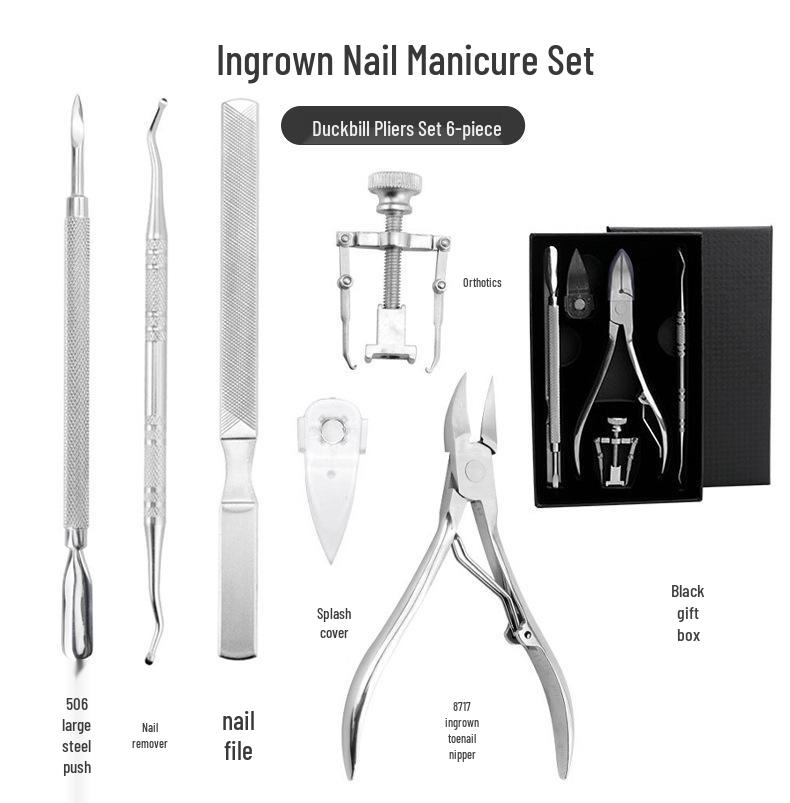 Stainless Steel Nail Care Set: Clipper, File, Cuticle Nipper, Ingrown Corrector, Pliers, Knife