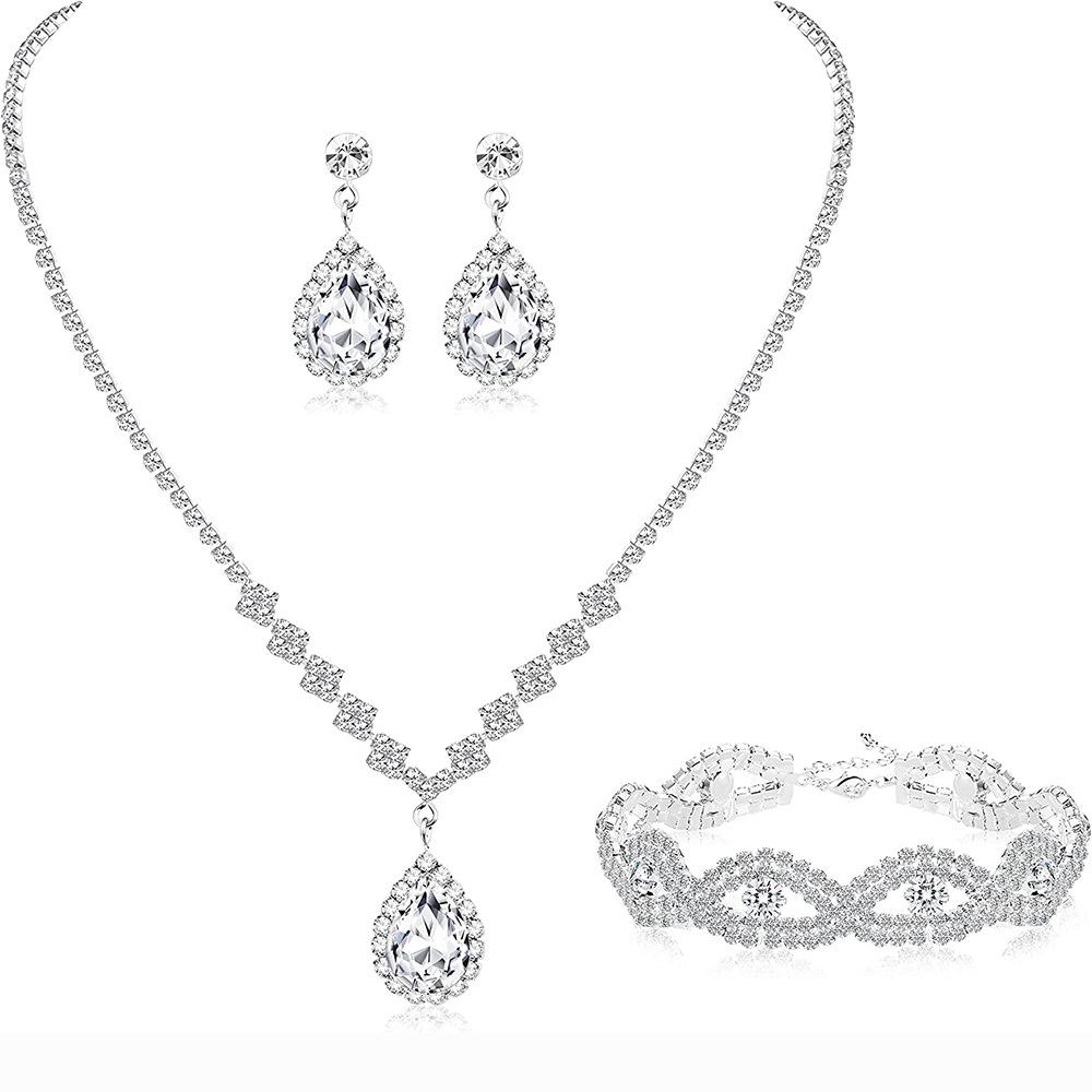 Bridesmaids Ball Outfit Rhinestone Jewelry Set Bridal Wedding Metal Zircon Water Drop Wave Necklace Earrings Bracelet