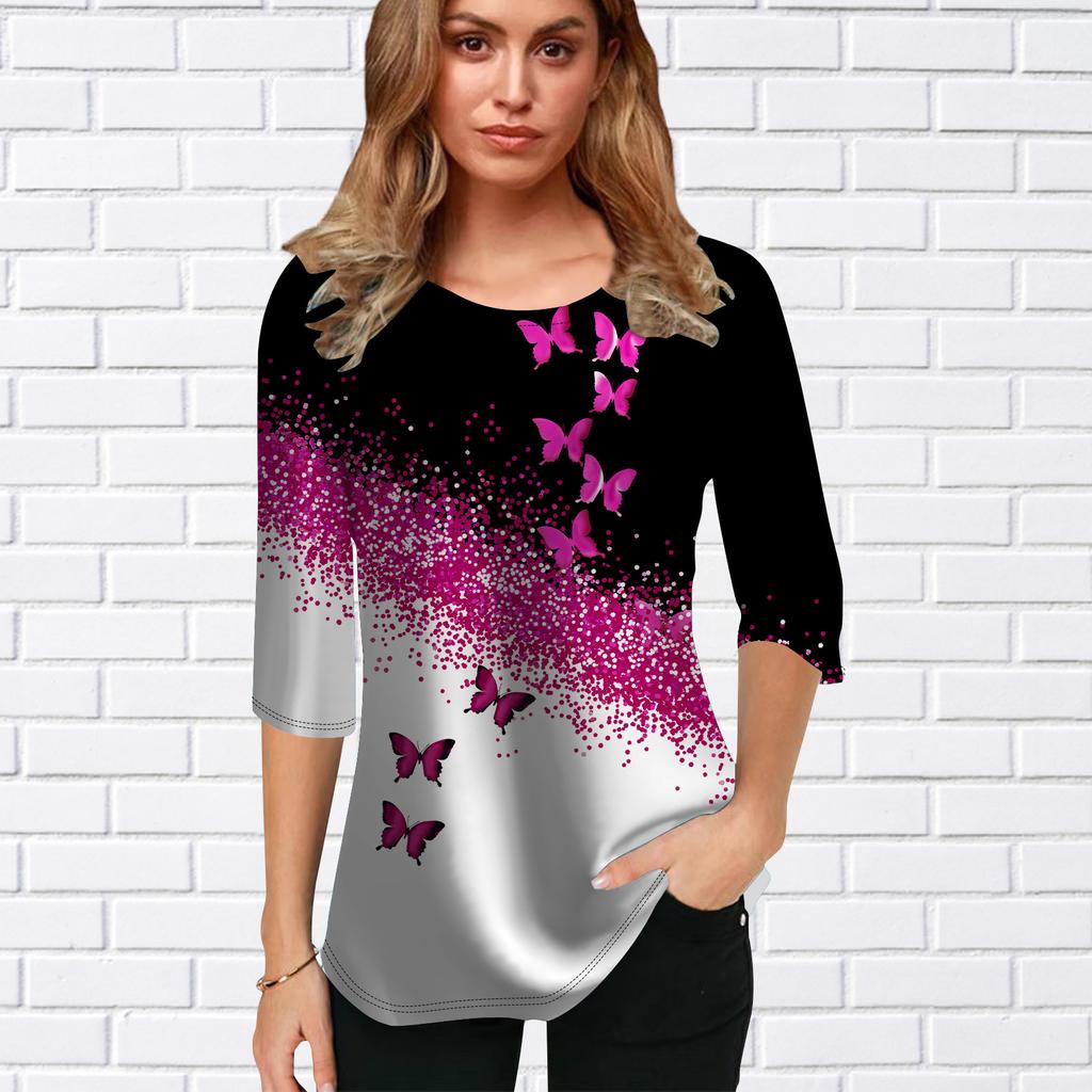 Womens Blouse 3D Oblique Butterfly Printing Flower Half Sleeve Tops Summer Casual Tops Printed Round Neck Half Sleeve T Shirt