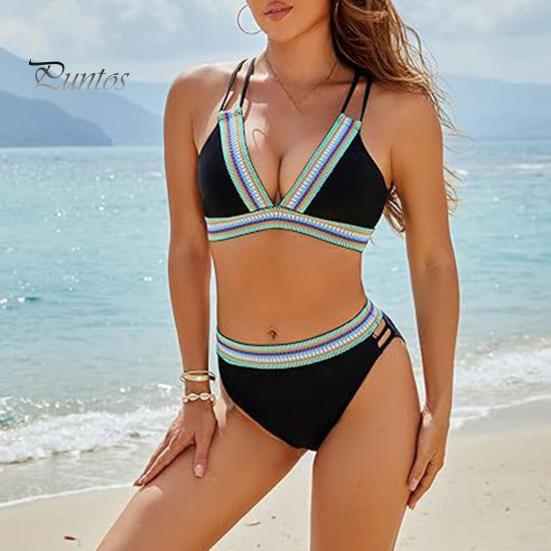 Women High Waisted Bikini Set Color Block Two Piece Swimsuit V Neck Crisscross Back Top Briefs Swimwear for Beach Vacation Pool