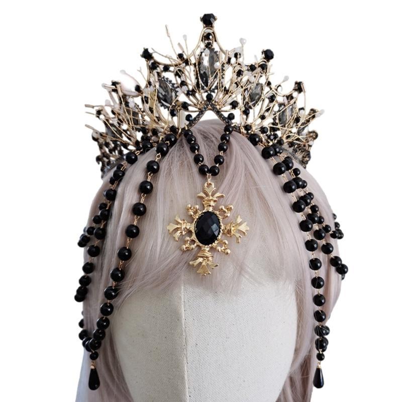 A52E Black Baroque Headband Tiaras Headband Cosplay Crownpiece for Stage Performing