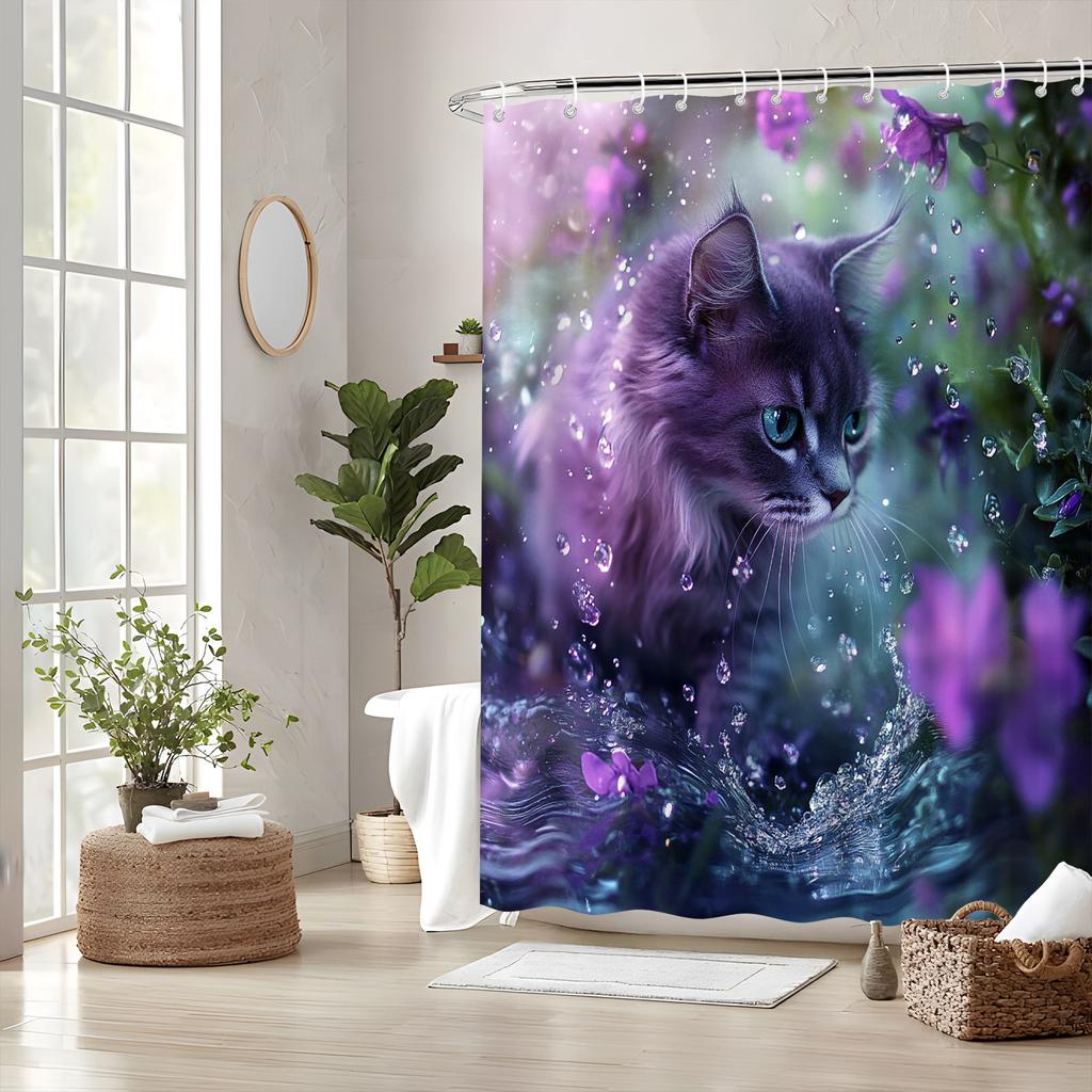 Magical Garden Cat Shower Curtain - Purple Flowers, Misty Blue Eyes, 70.8x70.8In,12 Hooks,Machine Washable Polyester, Bath Decor