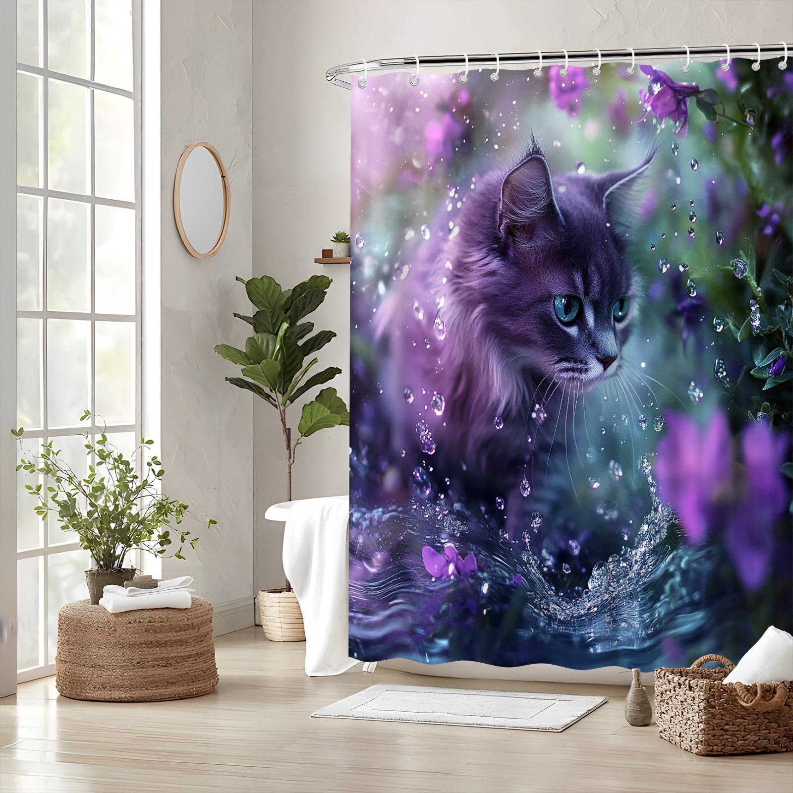 Textile Article Purple/Blue Magical Garden Cat Shower Curtain - Flowers, Misty Eyes, 70.8X70.8in,12 Hooks,Machine Washable Polyester, Bath Decor