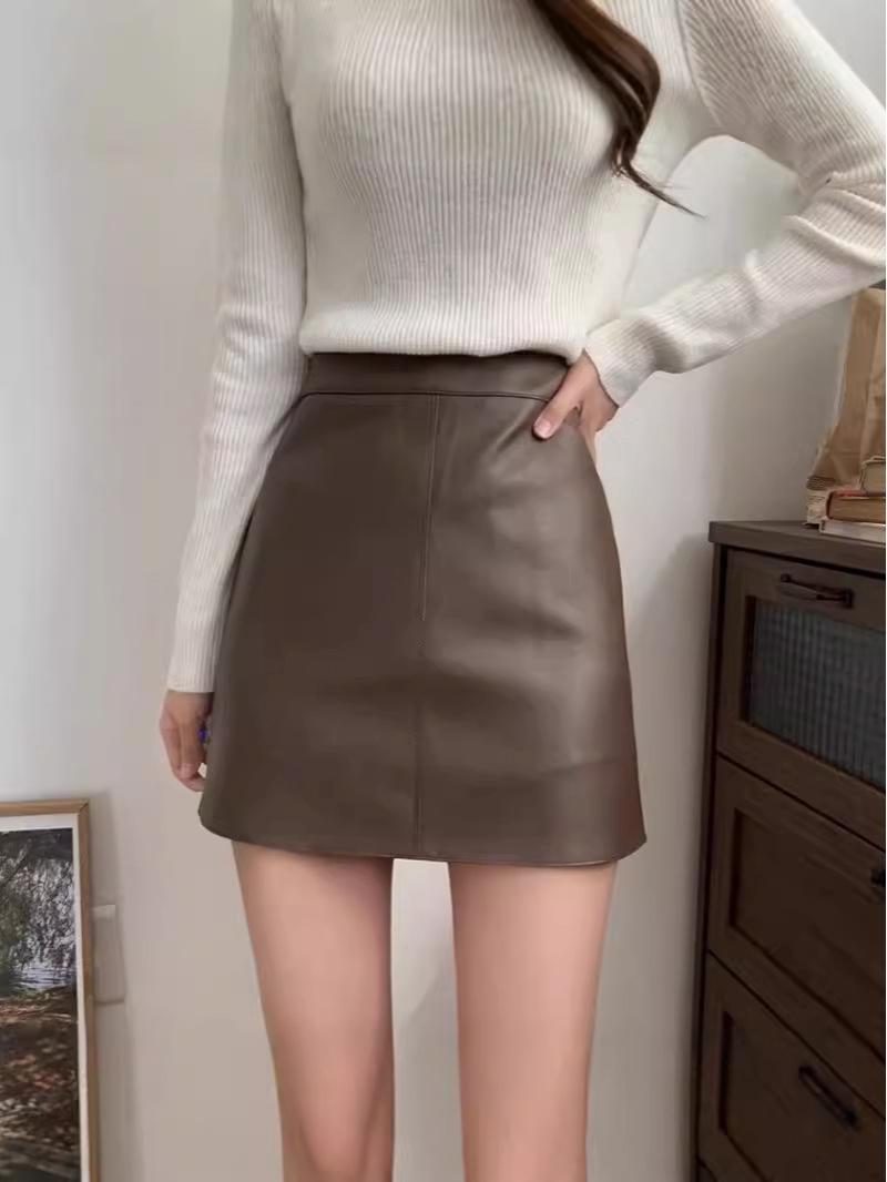 

Женская облегающая кожаная юбка с высокой талией - Черная мини миди, Осень/Зима 2024 L