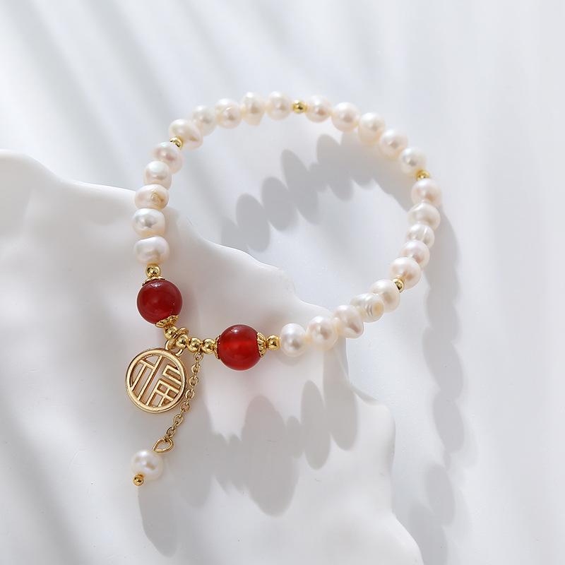 Red Agate Engraved Freshwater Pearl Bracelet Fashion Women Daily Jewelry Lucky Gift