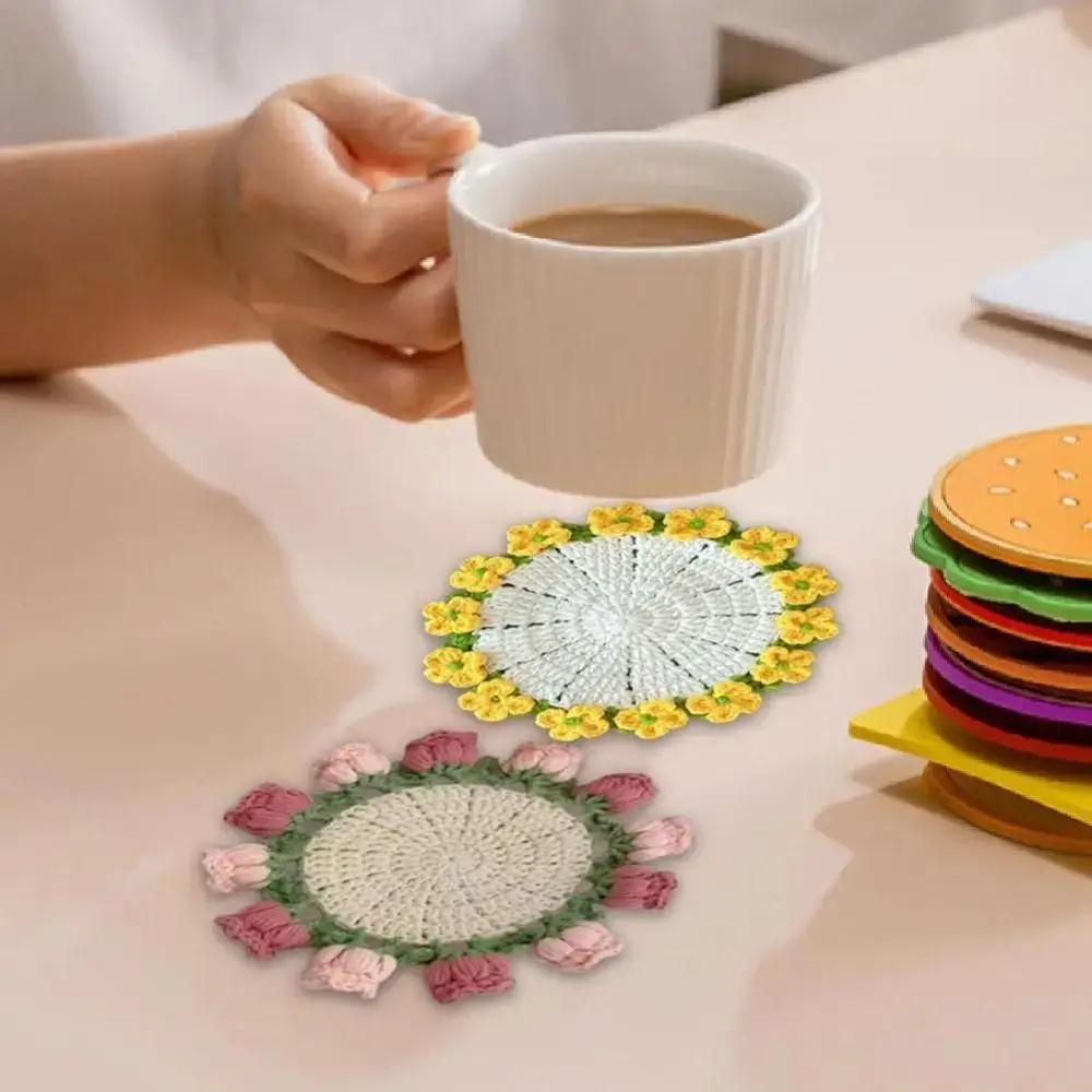 New Polyester Rose Bouquet Coasters Hand Knitted Cotton Crochet Flower Pot DIY Crochet Flower Cupmat Gift