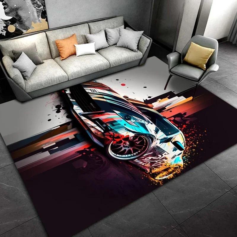 Large Size Car Themed Rug, Sports Car and Artistic Pattern Living Room Mat, Home Decor Carpet, Diverse Scene Floor Cover