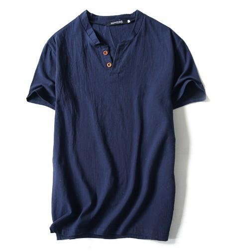 Mens Japanese Solid Linen Cotton Plus Size Short Sleeve Two Button Tshirt